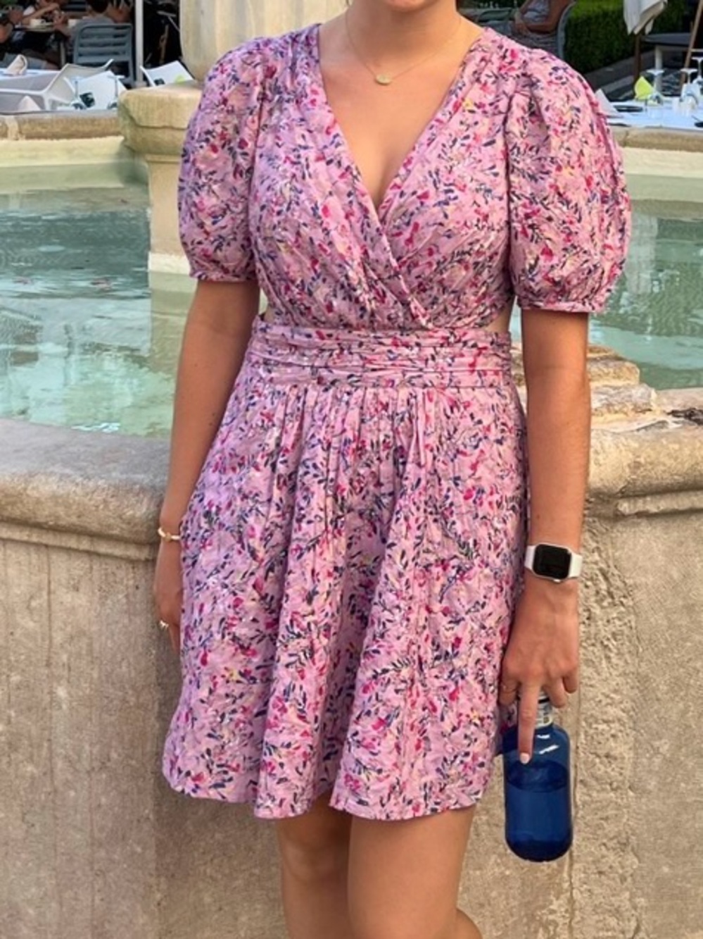French Connection Pink Floral Wrap-Puff Sleeve Mini Dress